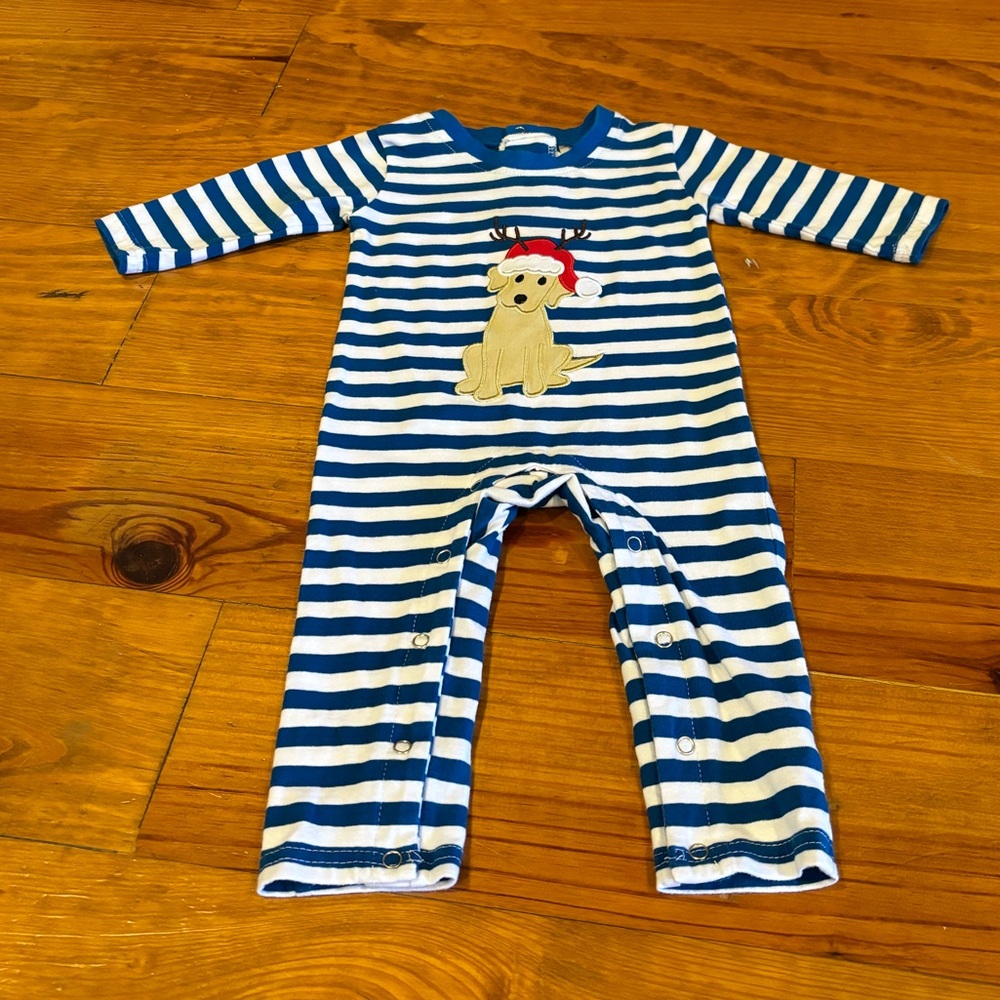Blue & White Striped Holiday Puppy One-Piece for Kids